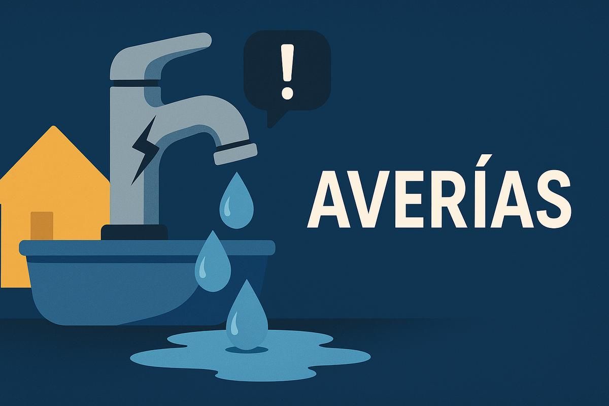 Grifo goteando en un lavabo, con agua acumulada y la palabra "AVERÍAS" resaltada a su derecha, indicando problemas de fontanería.