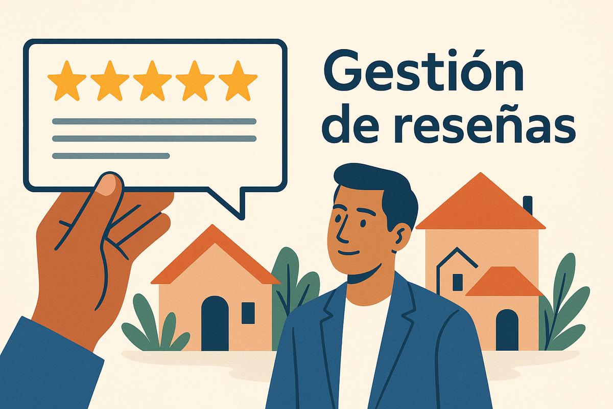 Hombre sonriente con un gráfico de cinco estrellas en un entorno de casas, simbolizando la gestión de reseñas.