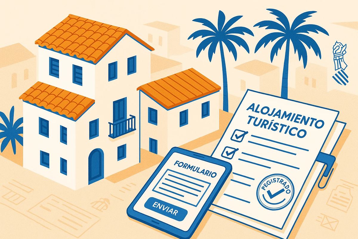 Ilustración isométrica de registro de vivienda turística en Valencia: arquitectura mediterránea, documentos de licencia y formulario de registro online.