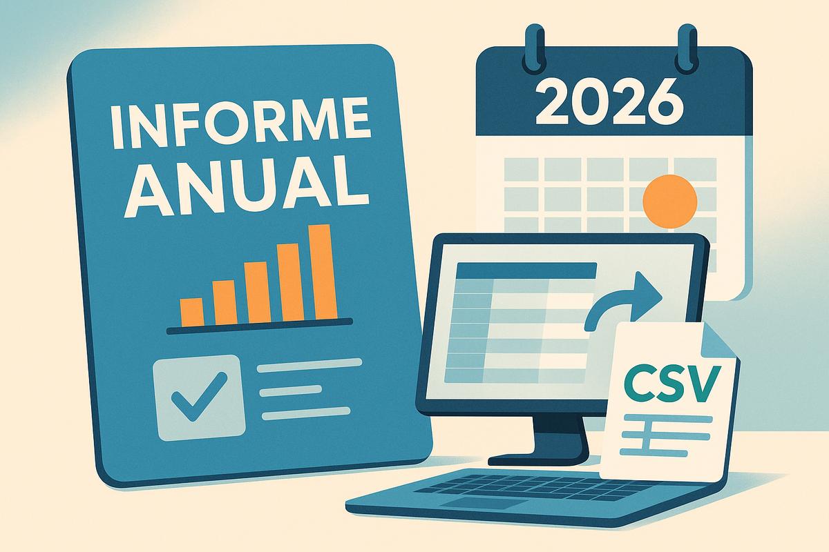 Informe anual con gráfico ascendente, calendario del 2026 y pantalla de computadora mostrando un archivo CSV.