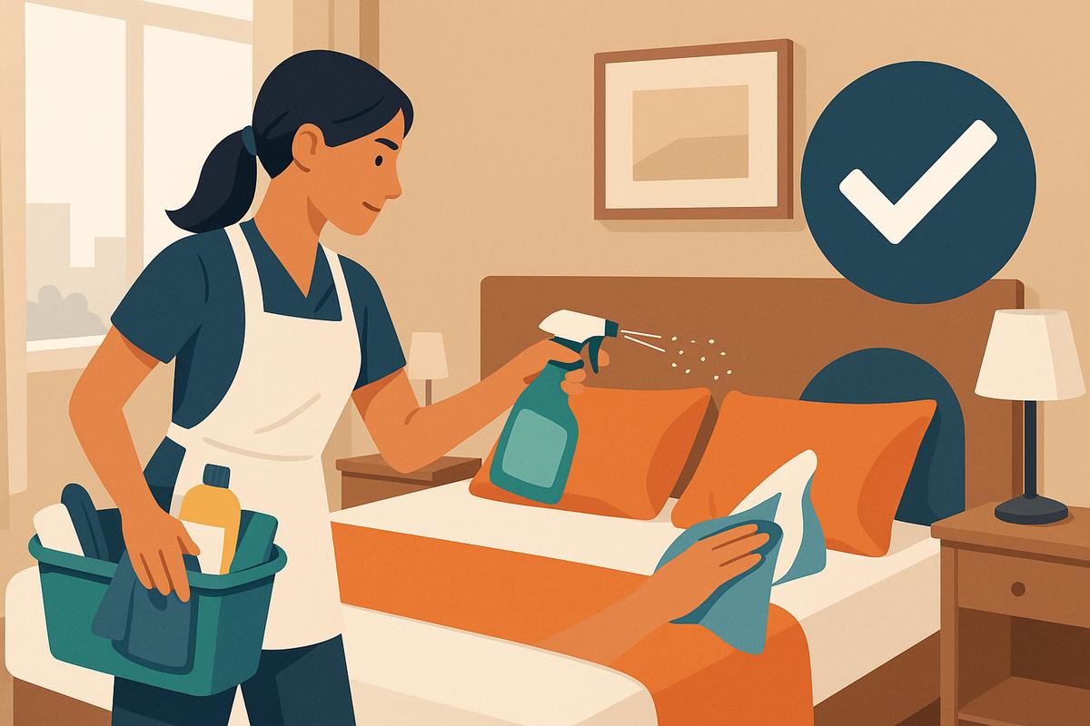 Una trabajadora de limpieza pulveriza un desinfectante en una almohada mientras sostiene una toalla en una habitación ordenada.