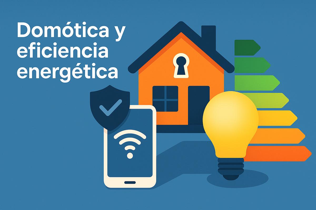 Domótica y eficiencia energética se ilustran con una casa, un teléfono inteligente y un foco, simbolizando tecnología y ahorro.