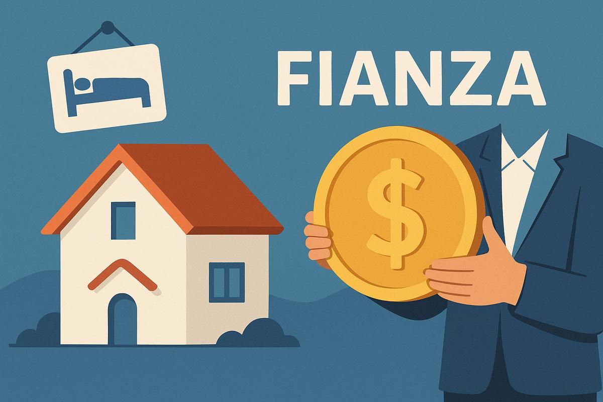 Ilustración que muestra una casa y una persona sosteniendo una moneda con el símbolo del dólar, con la palabra "FIANZA" en el fondo.