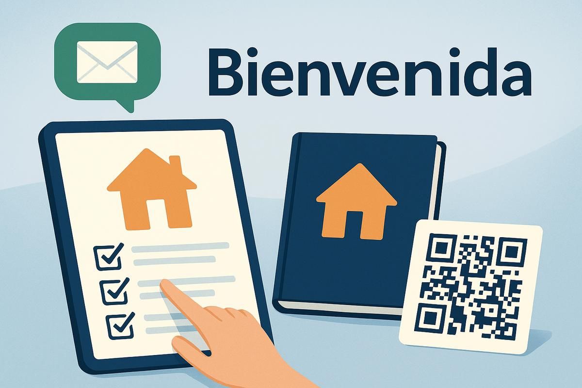 Pantalla táctil con lista de verificación de vivienda, un cuaderno y un código QR, todo acompañado del mensaje "Bienvenida".