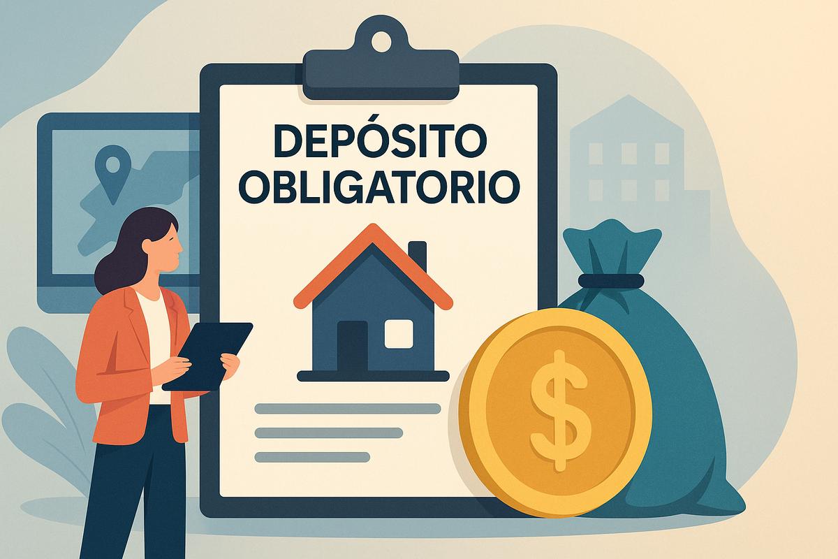 Mujer con una tableta frente a un documento sobre depósito obligatorio, junto a una bolsa de dinero y una moneda.