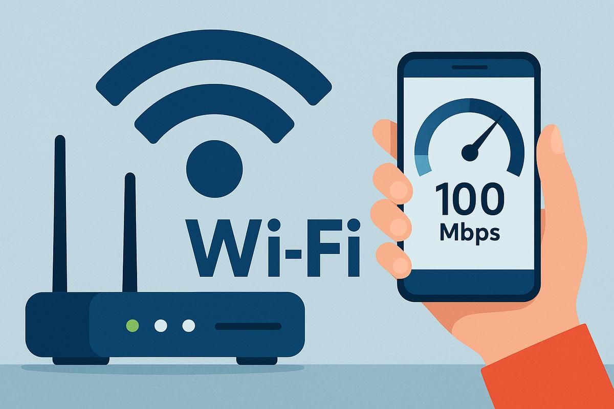 Router Wi-Fi con señal visible y smartphone mostrando una velocidad de 100 Mbps en un fondo azul claro.