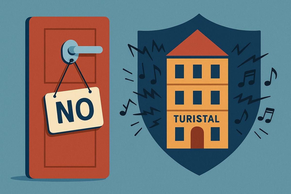 Puerta roja con un letrero que dice "NO" y un escudo que muestra un edificio con el texto "TURISTAL", rodeado de notas musicales.