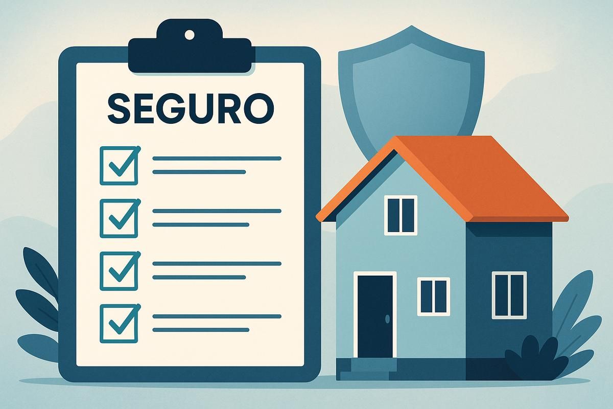 Lista de verificación de seguro junto a una casa azul con techo naranja y un escudo en un fondo suave.