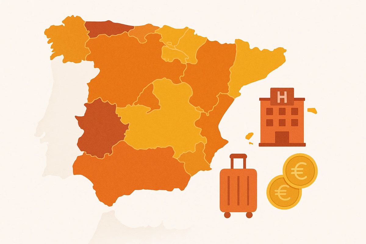 Mapa de España con las comunidades autónomas que tienen tasa turística destacadas