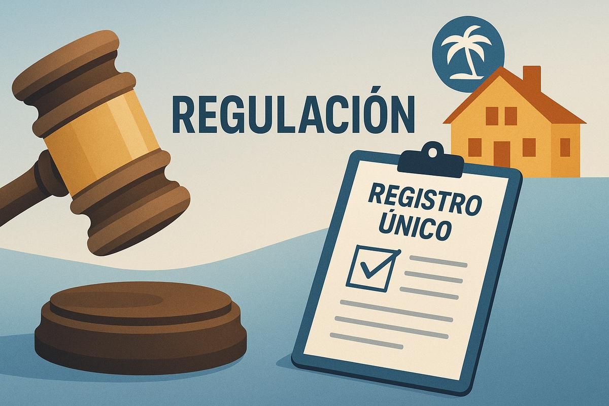 Martillo de juez, hoja de registro y una casa ilustran el concepto de regulación y registro único en el contexto legal.
