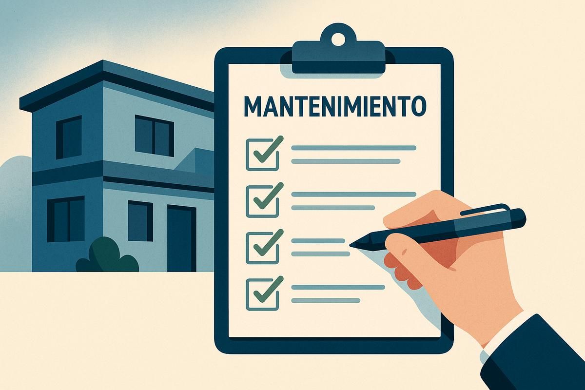 Lista de mantenimiento con marcas de verificación siendo completada frente a una casa, resaltando la importancia del cuidado del hogar.