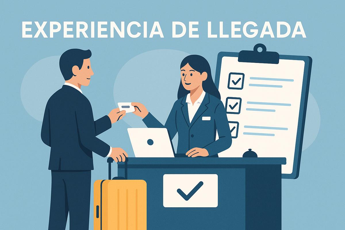 Un hombre con maleta entrega su tarjeta de identificación a una recepcionista sonriente en un mostrador de llegada.