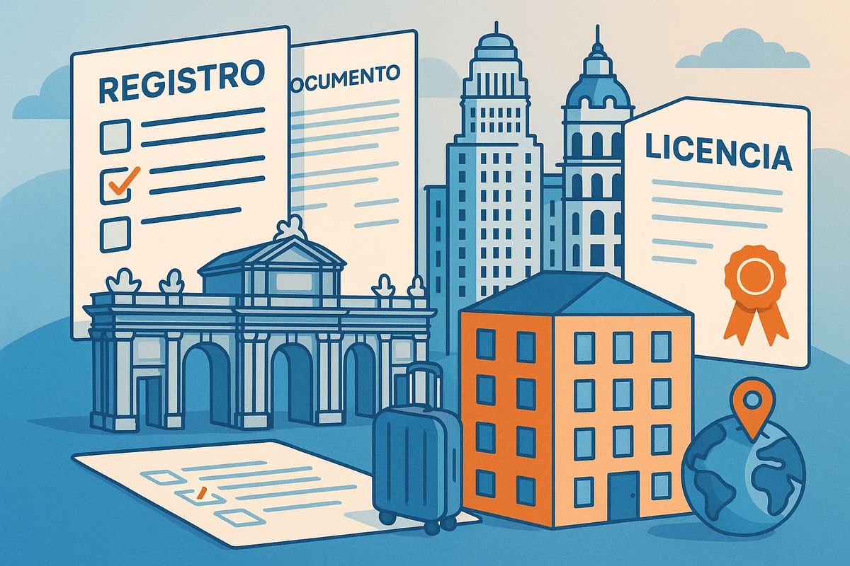 Ilustración isométrica de registro de vivienda turística en Madrid: edificios madrileños, documentos de licencia, certificado CIVUT y apartamento.