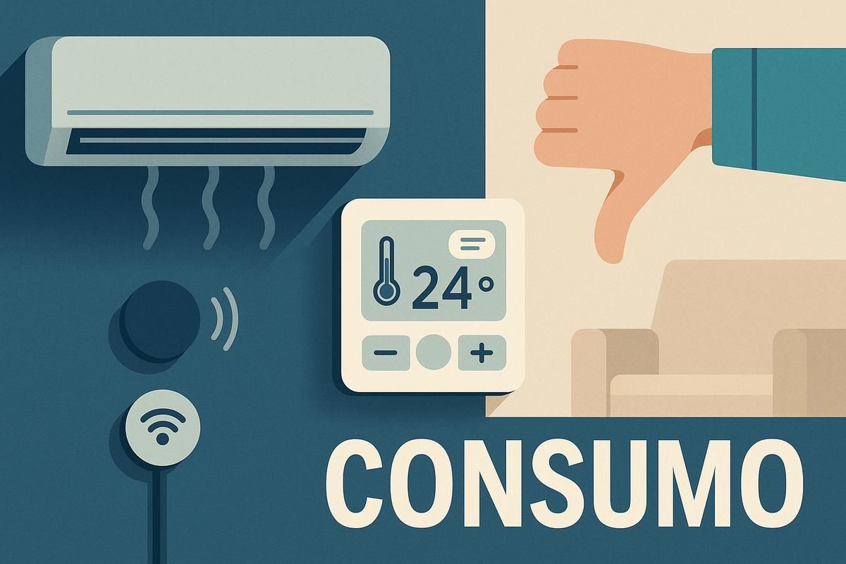 Aire acondicionado, termostato mostrando 24°C y mano haciendo un gesto de desaprobación en el contexto de consumo energético.