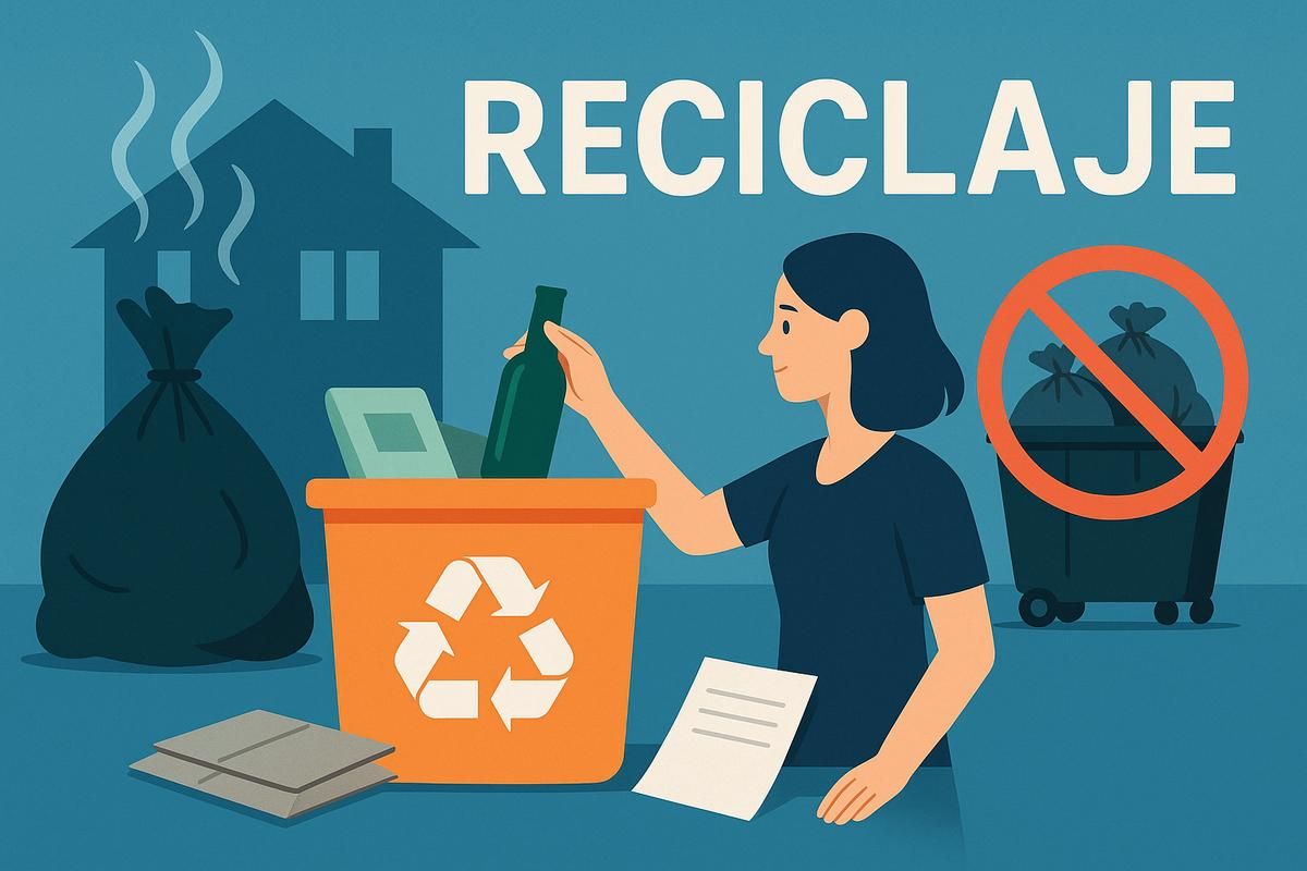 Mujer depositando una botella en un contenedor de reciclaje, con bagajes de basura y un símbolo de no basura al fondo.