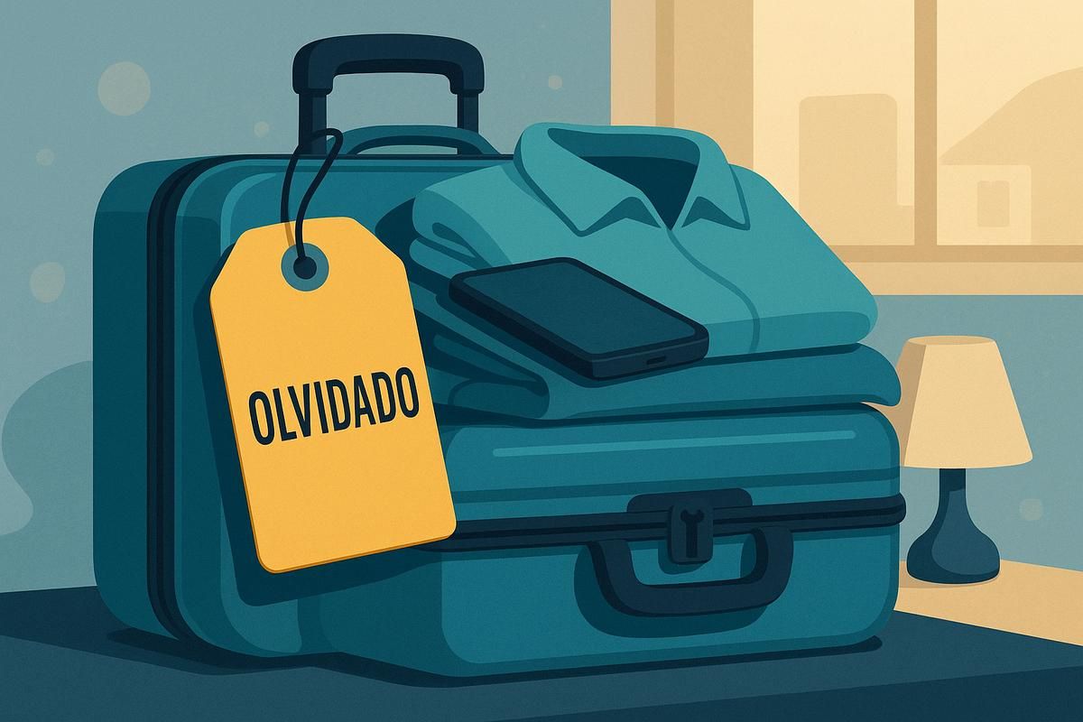 Mala olvidada con una etiqueta amarilla que dice "OLVIDADO", ropa doblada y un teléfono móvil en un entorno acogedor.