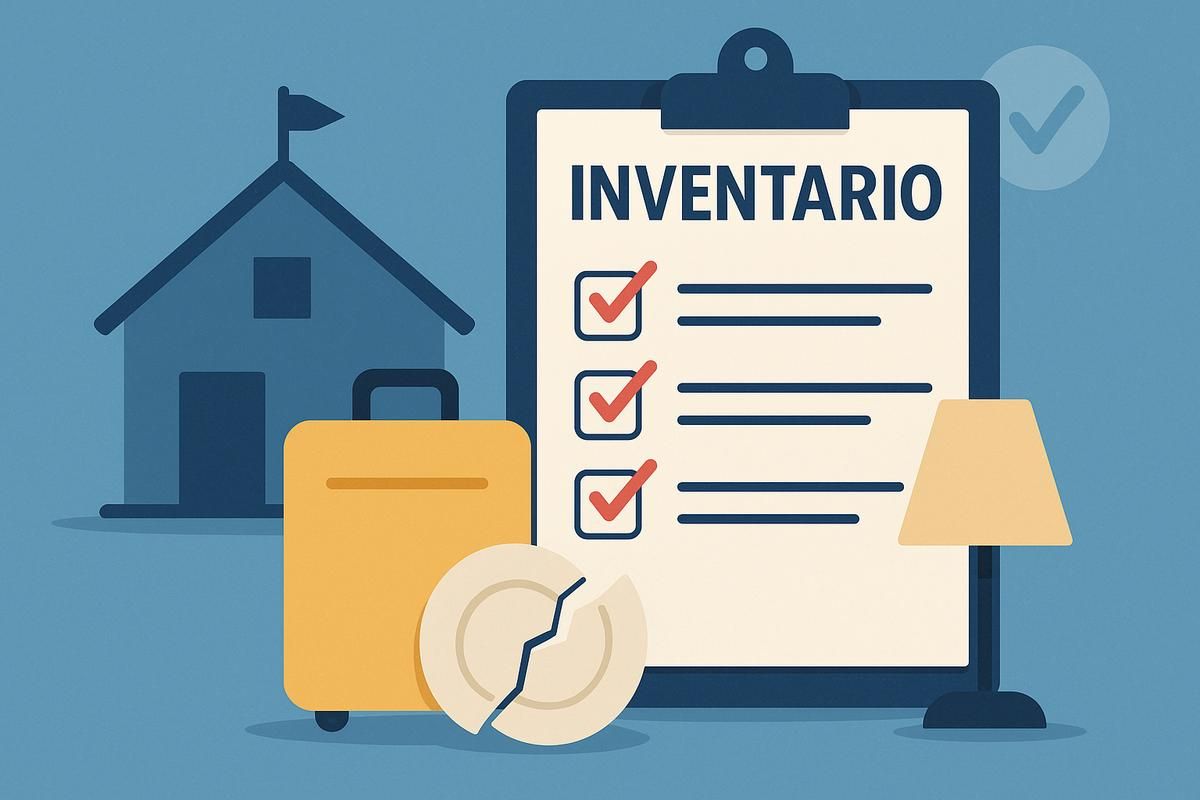 Lista de inventario en un clip con un maletín, un plato roto y una lámpara, todo en un entorno doméstico.