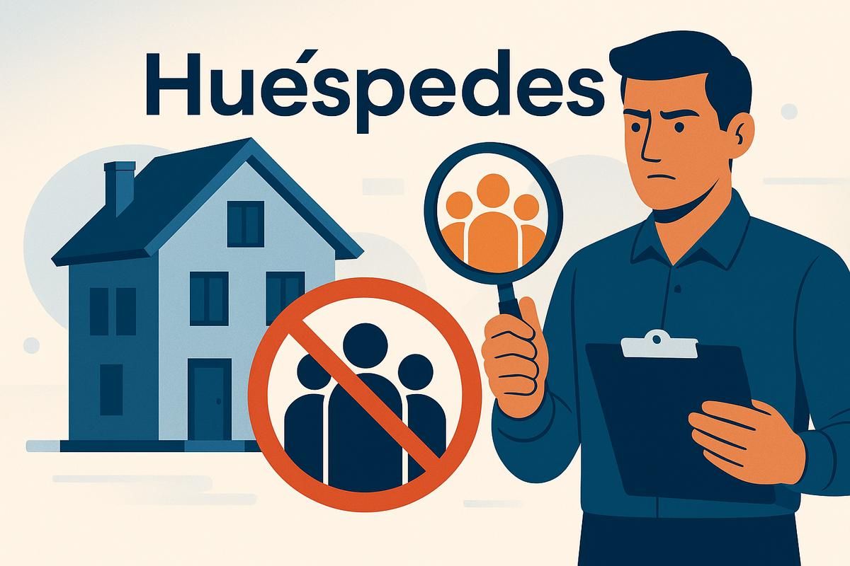 Un hombre sostiene una lupa y una lista de verificación, con una casa y símbolo de restricciones para huéspedes al fondo.