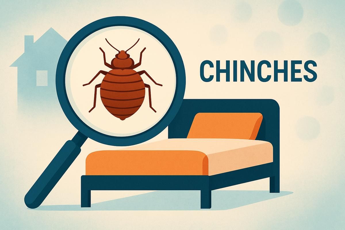 Ilustración que muestra un chinche grande bajo una lupa, con una cama y un entorno de casa desdibujado de fondo.